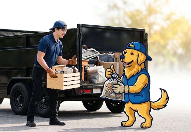 Professional junk removal service worker loading a trailer alongside a golden retriever mascot.