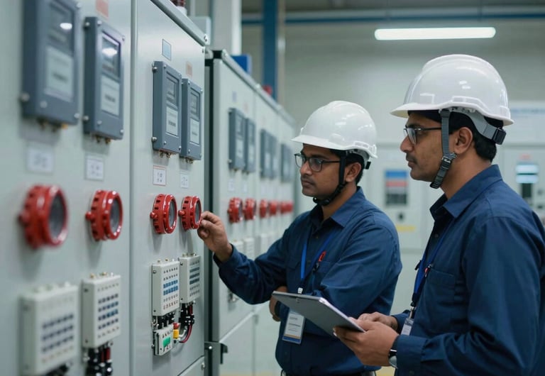 Professional B2B electrical engineering setting, a modern substation in India, crisp technical alignment, authoritative, South Asian engineers in protective helmets inspect a panel. High professional, industrial-grade, cinematic lighting, corporate style, deep blue and slate grey tones, photography.