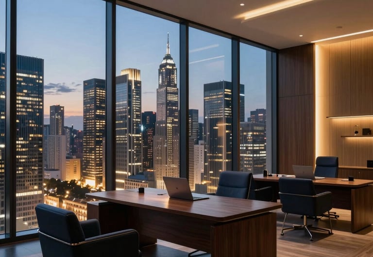 A high-end, futuristic executive workspace overlooking a glowing metropolitan skyline at dusk in a Global / North American tech hub. The interior is decorated with polished dark wood, minimalist navy furniture, and subtle warm gold accent lighting. Sophisticated atmosphere, high-end commercial architectural photography, cinematic lighting, twilight blue and golden hour tones.