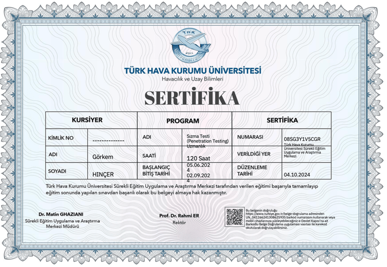 Official certificate for Penetration Testing from Turk Hava Kurumu University issued to Gorkem Hincer.