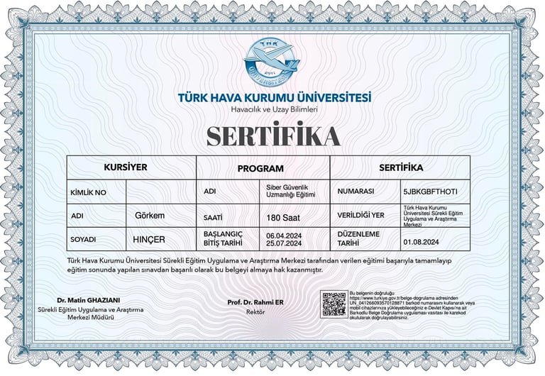 Official Turkish Aeronautical Association University cybersecurity training certificate for Görkem Hinçer.