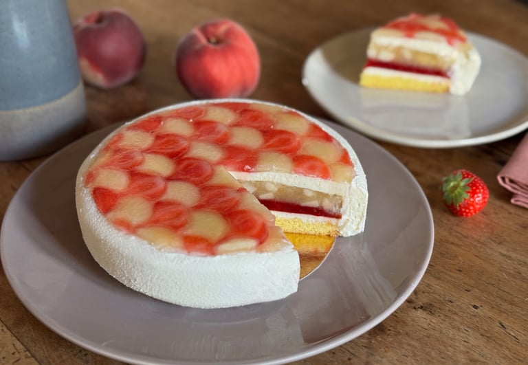 entremet melba pêche fraise vanille