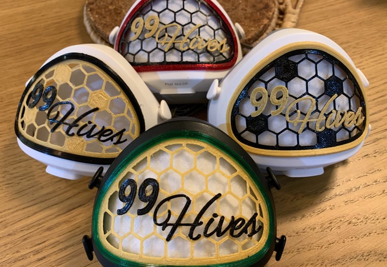 flo-76: Flomasks with 99Hives logo decoration