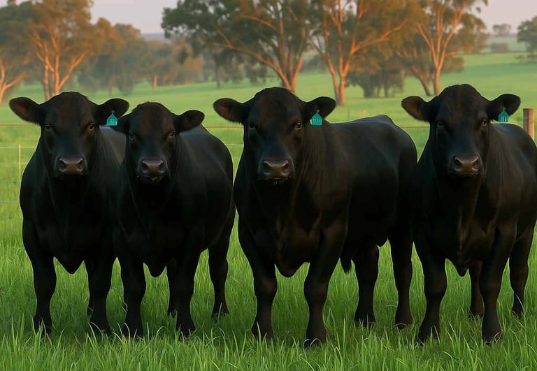4 black bulls in green grass paddock trees in the background