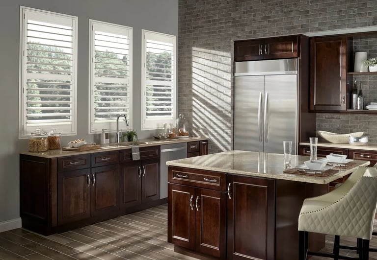 kitchen with dark wood cabinets and white plantation shutters – Rise Up Window Coverings Milwaukee