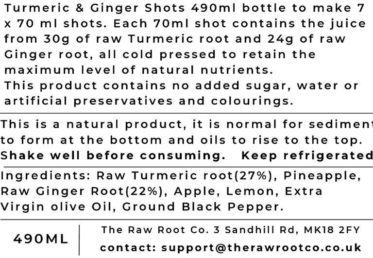 Label from the Turmeric & Ginger health and wellness shot bottle from The Raw Root Co.