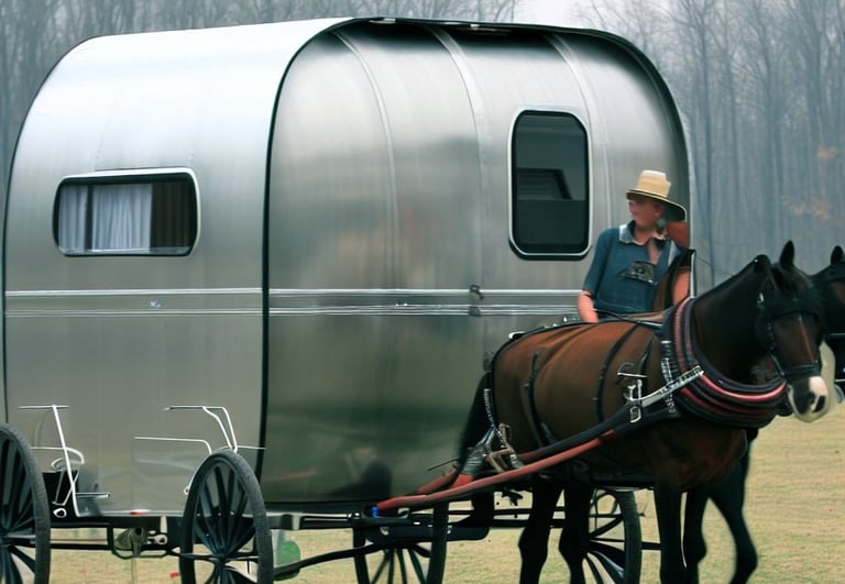 man riding horse pulling a silver color metal camper