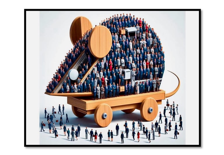 A large Trojan Mouse containing suited office workers