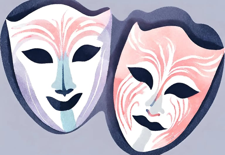 Watercolour image of the drama masks, one happy, one sad, in green, light purple and dusty peach