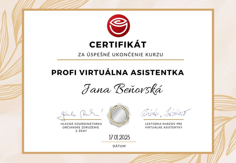certifikát - virtuálna asistentka