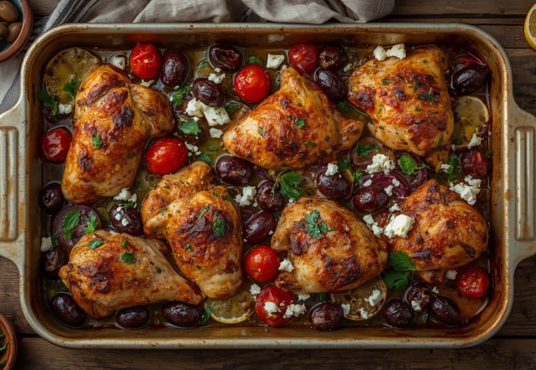 Baked Mediterranean chicken thighs in a pan with olives, tomatoes, and feta cheese.