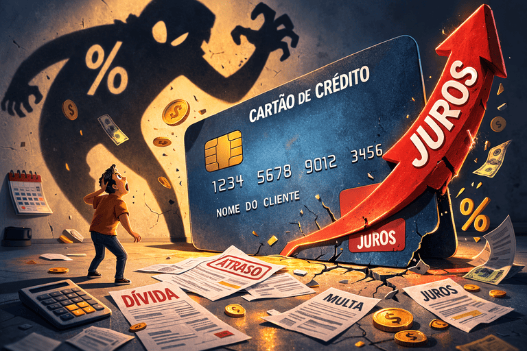 Pessoa assustada diante de um cartão de crédito gigante com juros subindo exponencialmente.