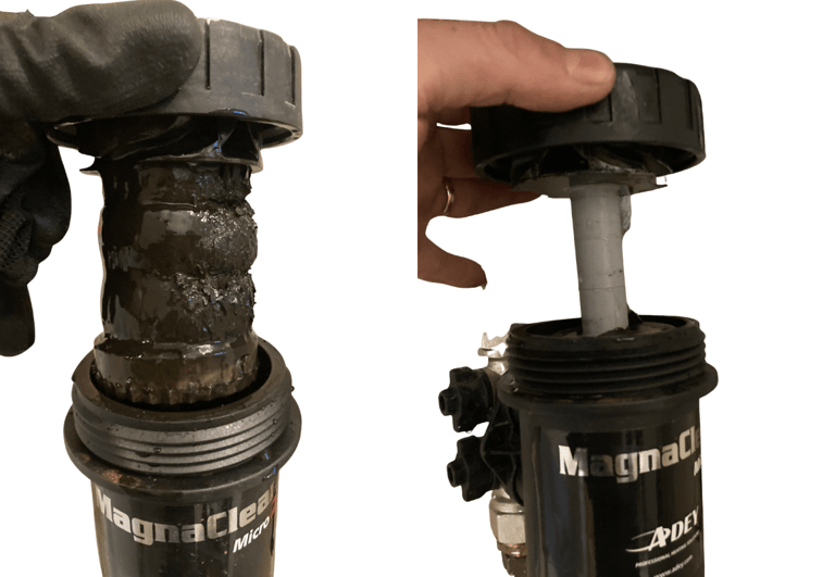 Filtre à boue magnétique avant après nettoyage lors d'un nettoyage circuit chauffage à Lyon