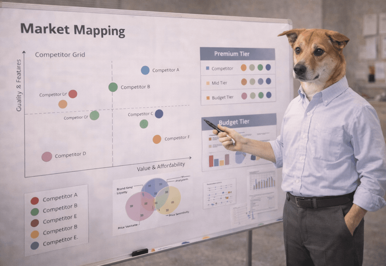 A dog in a business shirt presenting a market mapping competitor analysis chart