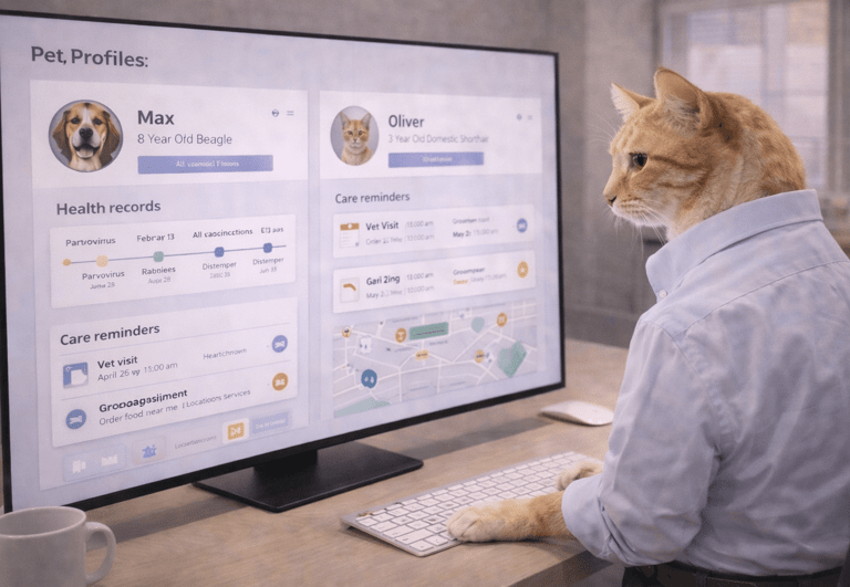 A cat wearing a shirt uses a computer to manage pet health records and vet reminders.