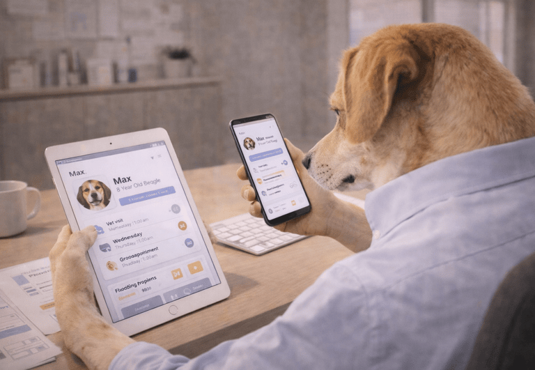 A beagle wearing a shirt uses a pet health tracking app on a tablet