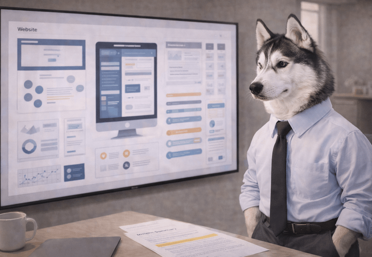 A Siberian Husky dressed in a shirt and tie presents a website UI design and data analytics on a large monitor.