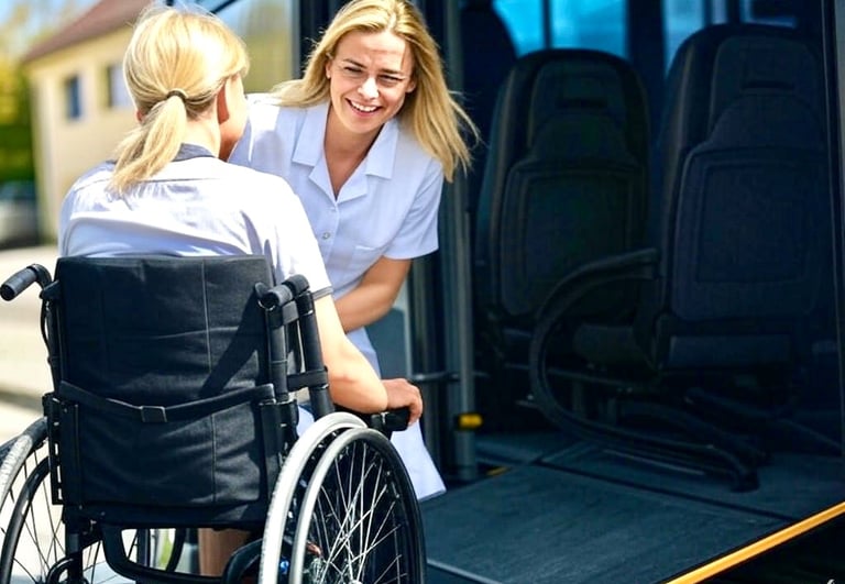 a woman in a wheelchair wheel chair being assisted by a wheelchair