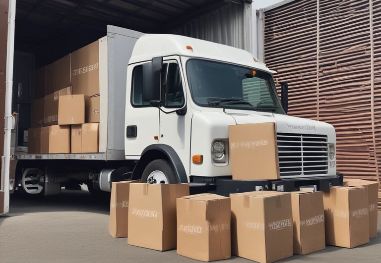 A moving truck with yellow and red colors parked outside a residential building in Barcelona.