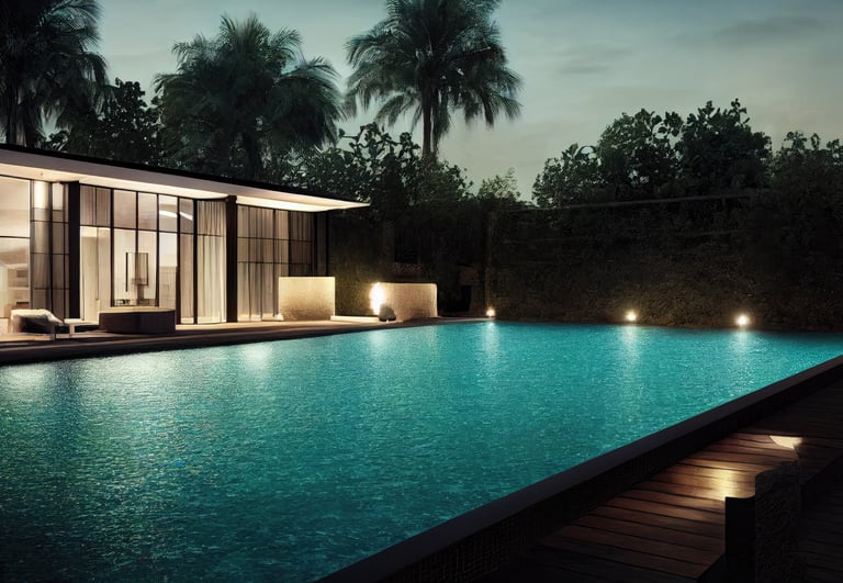 Luxury villa with a lit swimming pool and tropical palm trees at twilight.