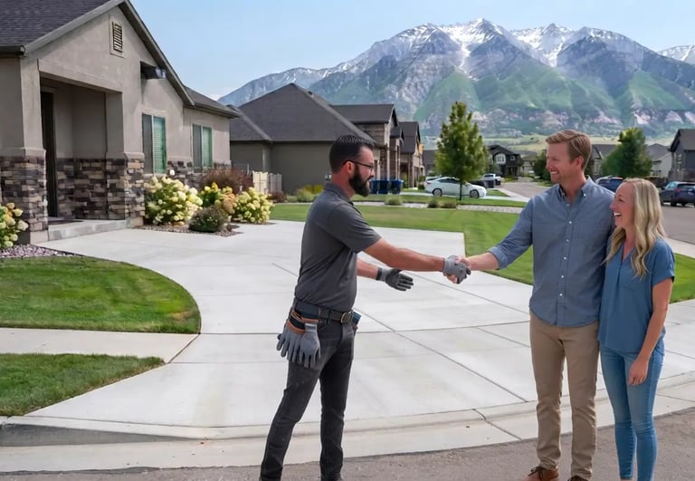South Jordan concrete contractor shaking hands with happy homeowner after driveway installation