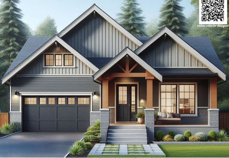 transitional house update, porch, wooden roof, gable accent, black garade, black windows, gray brick