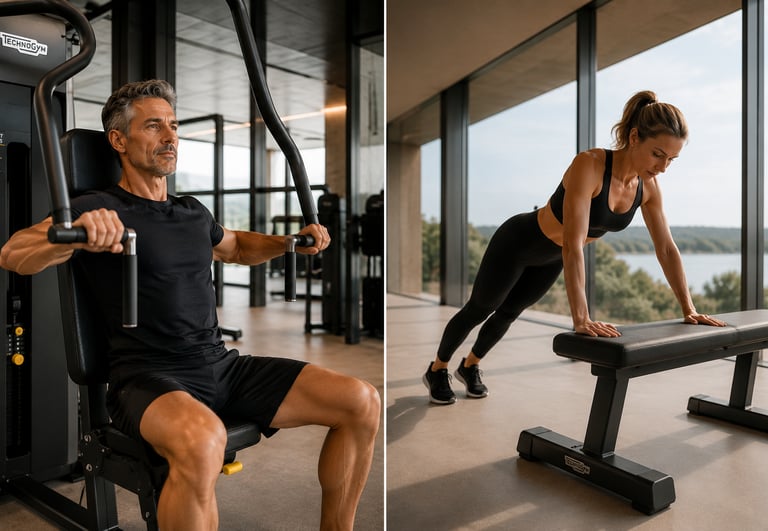 Une bonne alternative au poids du corps à la Chest Press : les pompes inclinées à l'aide d'un banc pour cibler les pectoraux.