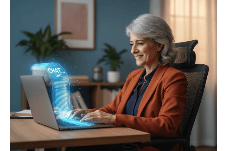 Smiling woman typing on a laptop as a glowing ChatGPT interface rises from the screen