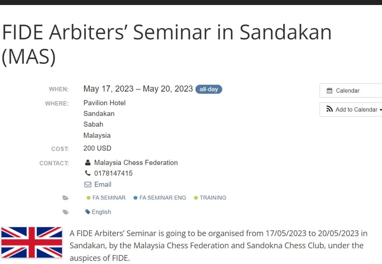 FA Seminar 2023 Conducted By The Sandokan Chess Club in Sabah, Malaysia. 