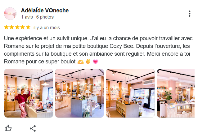 Un avis laissé par la cliente du magasin Cozybee concernant l'aménagement de sa boutique
