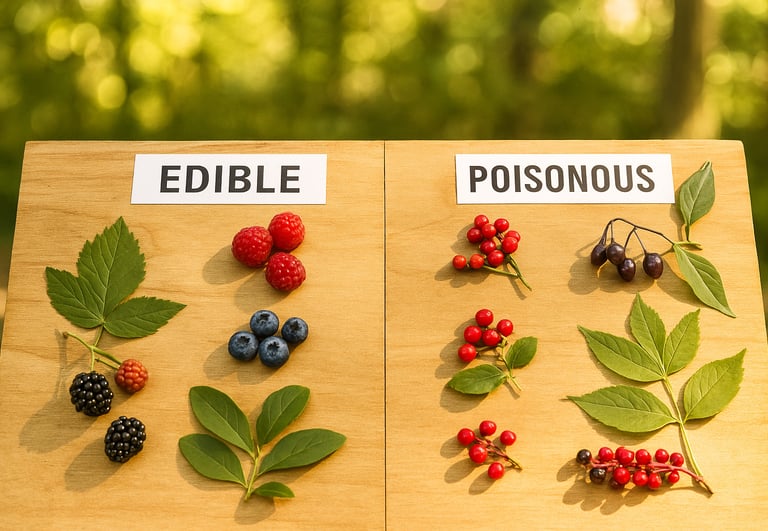 Chart comparing edible and poisonous berries and leaves for wilderness survival and plant identification