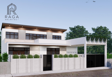 Rumah tinggal dua lantai bergaya modern dengan fasad simpel dan atap datar, karya Raga Architect di 