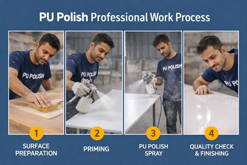 a man in a blue shirt is using a power tool to polish a table