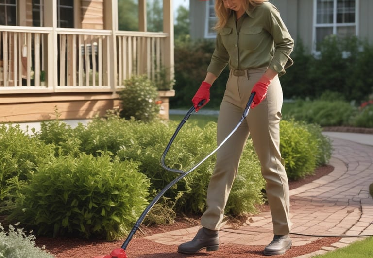 A lady gardener gently pruning shrubs with battery-powered tools in a peaceful backyard setting.