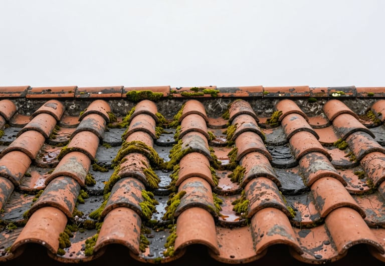 Close-up of weathered terracotta roof tiles covered in thick green moss, damp textures under soft overcast daylight, sharp architectural focus