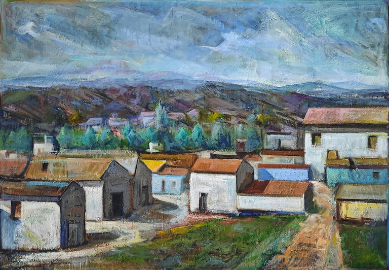 Las afueras del pueblo, óleo del artista pintor Argi Girón. Village oil painter artist