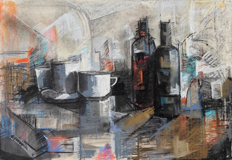 La taza blanca, pastel sobre papel del artista pintor Argi Girón. Cups still life artist painter