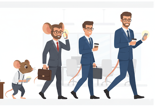 Evolution of mouse to human businessman, illustrating 'From Rat to Human' social theory