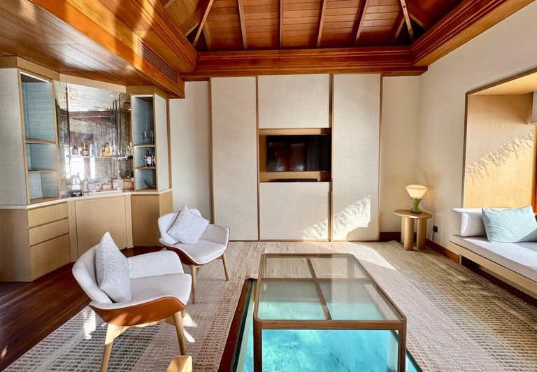 Huvafen Fushi Maldives ocean pool bungalow living room