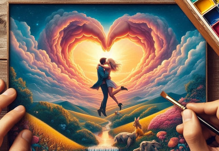 A man applying paint with his hands to form a heart shape on a canvas, expressing creativity and emotion.