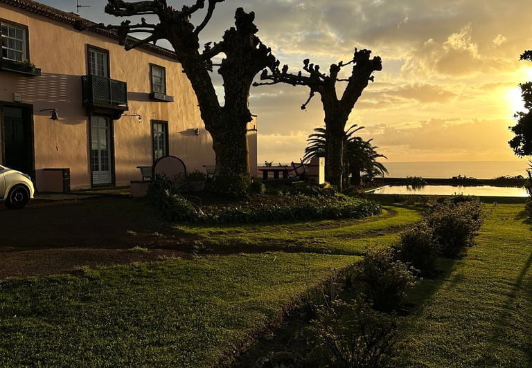 sunset in front of a Portugese manor house