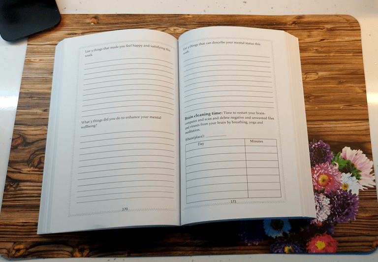 Two pages from a mental health journal with prompts