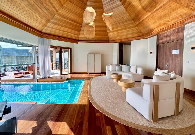 Huvafen Fushi Maldives two bedroom ocean pavilion with pool living room