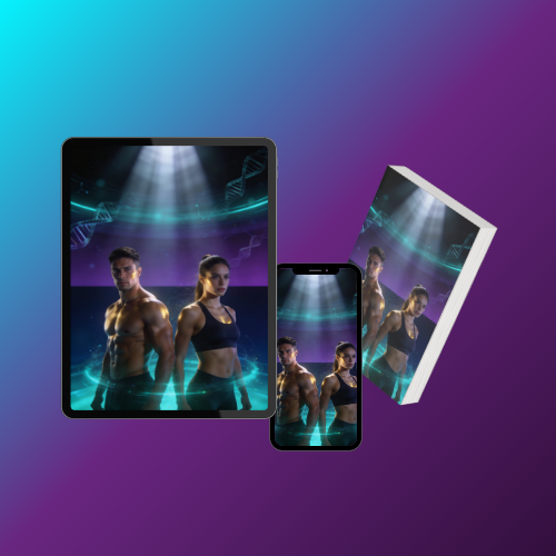 Digital fitness program display featuring a muscular man and woman on a tablet, smartphone, and ebook.