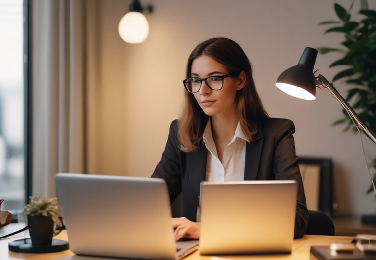 A cozy workspace with a laptop, a steaming cup of tea, and a soft microwaveable bag resting nearby.