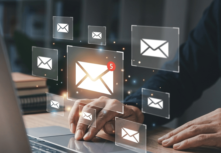 Professional person using a laptop with digital email icons and notifications for business communication.