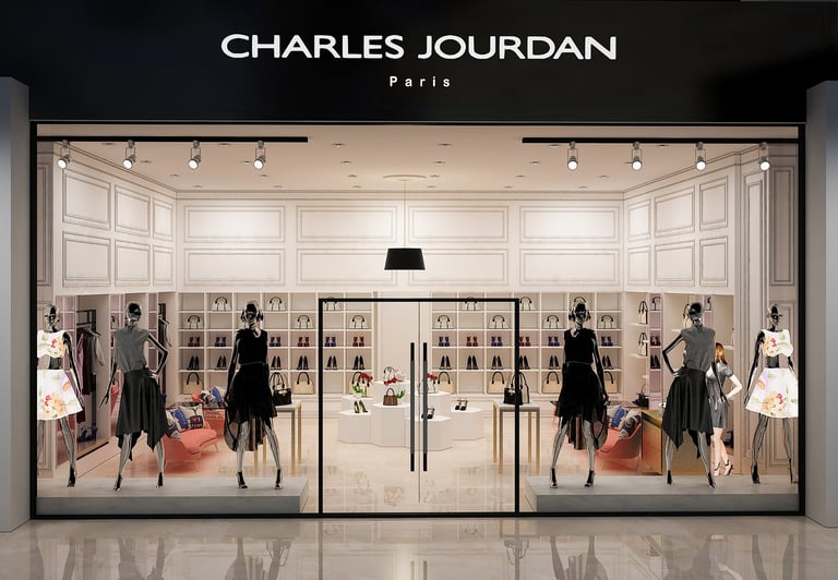 Charles Jourdan Paris storefront — glass facade, mannequins in black dresses, warm interior lighting