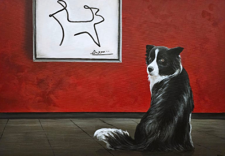 Gemälde eines Hundes in einem Museum, er sitzt vor dem Bild eine abstrakt gemalten Hundes