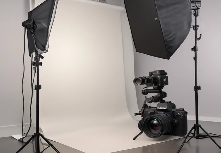 Close-up of a podcast or recording setup featuring a large microphone at the center with two people in the background. One is a woman with glasses, and the other is a person on the left partially out of frame. A laptop and a tablet are on the table.