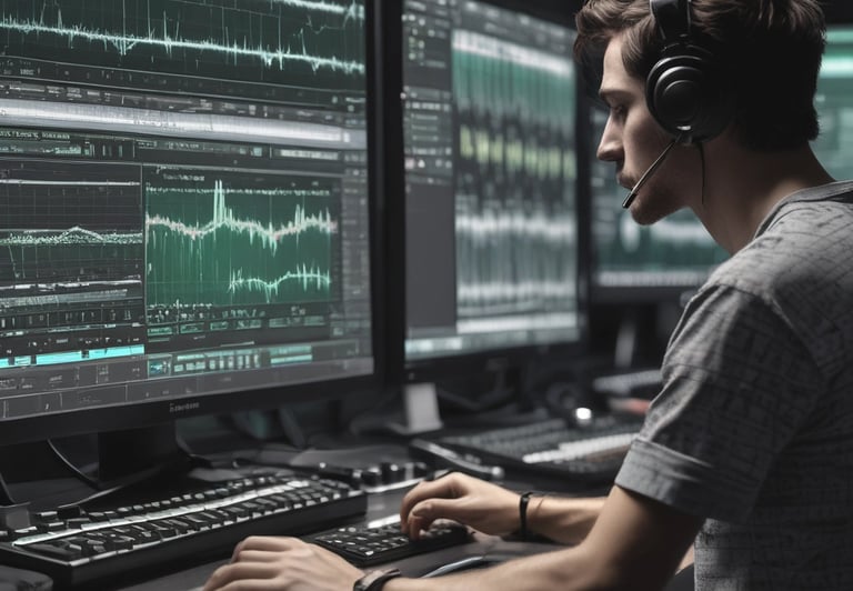 Close-up of a podcast or recording setup featuring a large microphone at the center with two people in the background. One is a woman with glasses, and the other is a person on the left partially out of frame. A laptop and a tablet are on the table.